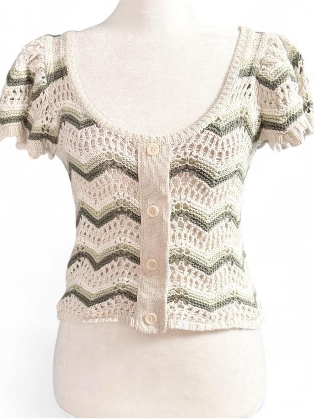 Blu Pepper Boho Crochet Knit Top Medium Cream Sage Chevron Cottagecore